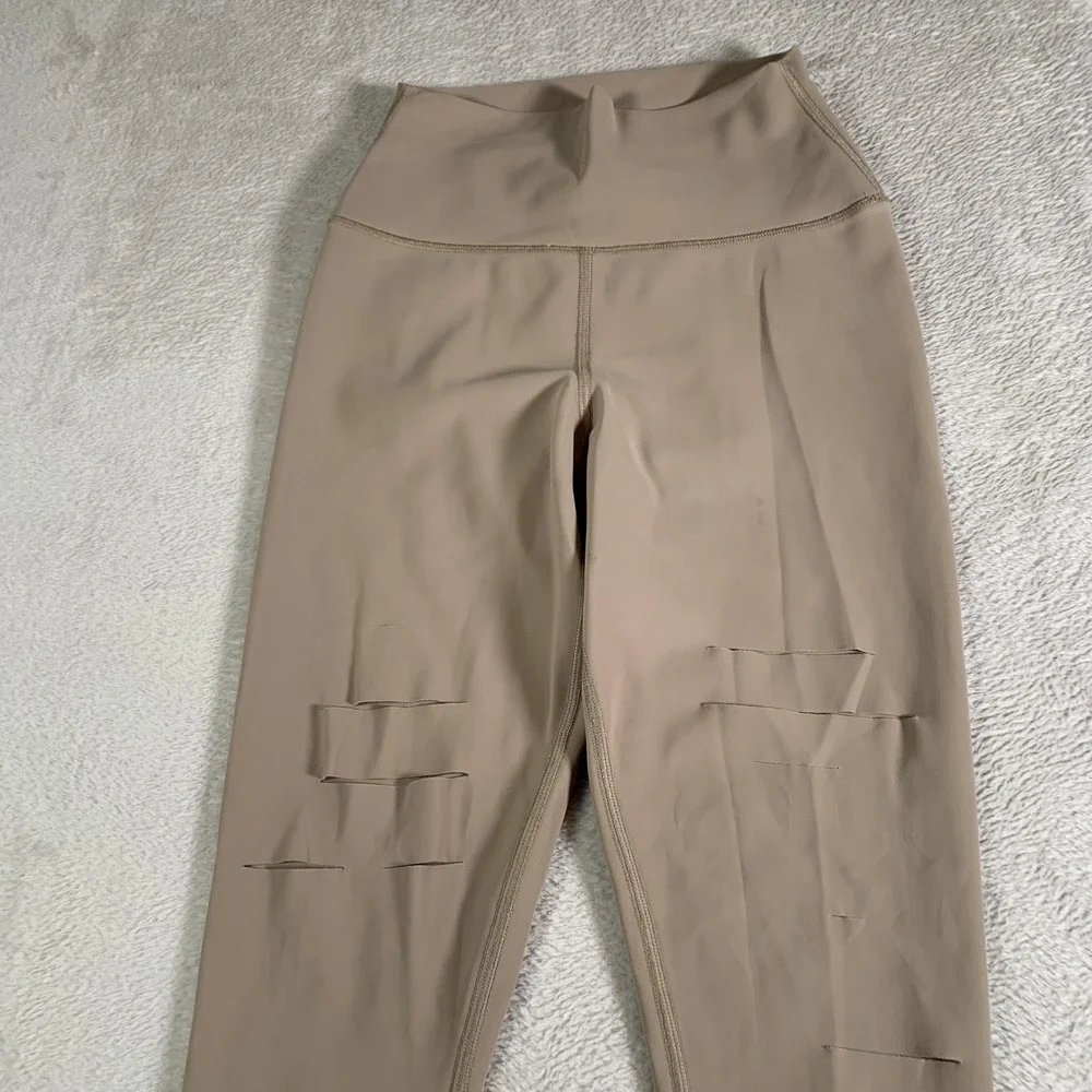 Alo Yoga Leggings Womens XS Beige High Rise Ankle Moto Ripped Stretch Yoga Pants